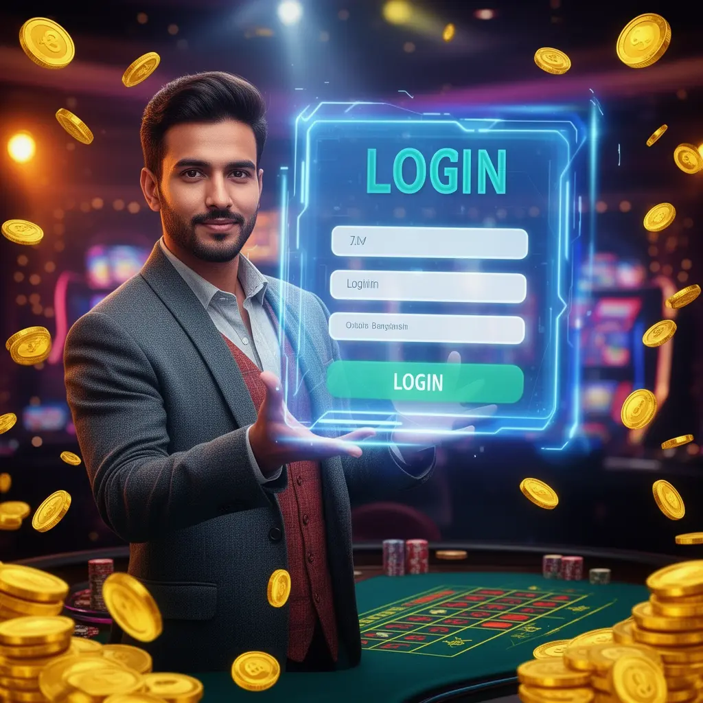 7000bd Login – Enter a modern casino platform designed for players in Bangladesh Stylish Bangladeshi casino host welcoming players inside a futuristic login interface with glowing casino lights and golden coins at 7000bd